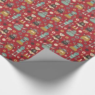 Fun Retro Robots Illustrated Pattern (Red) Cadeaupapier