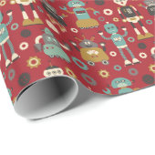 Fun Retro Robots Illustrated Pattern (Red) Cadeaupapier (Rol Hoek)