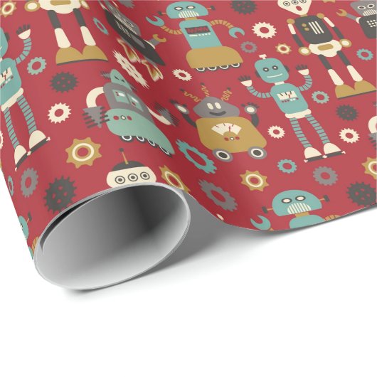 Fun Retro Robots Illustrated Pattern (Red) Cadeaupapier (Rol Hoek)