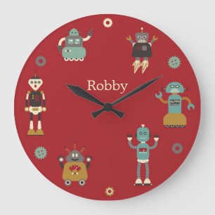 Fun Retro Robots Illustrated Pattern (Red) Grote Klok