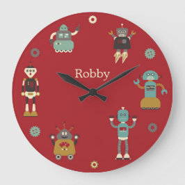 Fun Retro Robots Illustrated Pattern (Red) Grote Klok