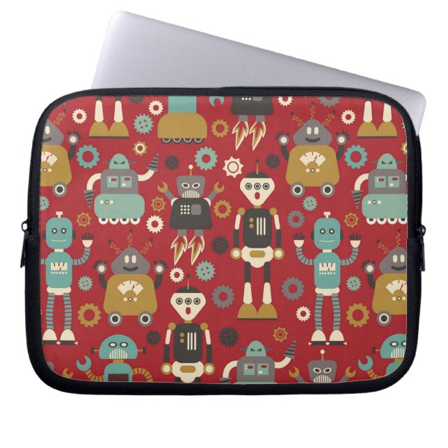 Fun Retro Robots Illustrated Pattern (Red) Laptop Sleeve (Voorkant)