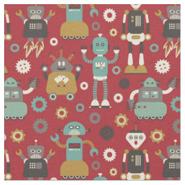 Fun Retro Robots Illustrated Pattern (Red) Stof