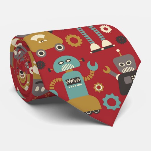 Fun Retro Robots Illustrated Pattern (Red) Stropdas (Opgerold)