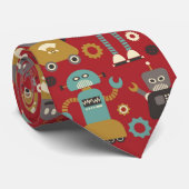 Fun Retro Robots Illustrated Pattern (Red) Stropdas (Opgerold)