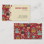 Fun Retro Robots Illustrated Pattern (Red) Visitekaartje (Voorkant / Achterkant)