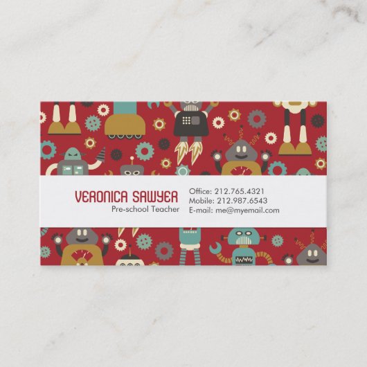 Fun Retro Robots Illustrated Pattern (Red) Visitekaartje (Voorkant)