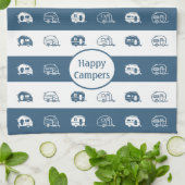 Fun Retro RV Happy Campers in Blue and White Theedoek (Gevouwen)