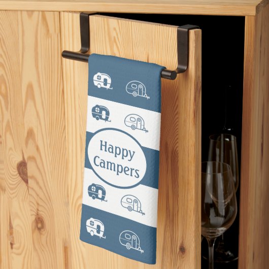 Fun Retro RV Happy Campers in Blue and White Theedoek (Derde Gevouwen)