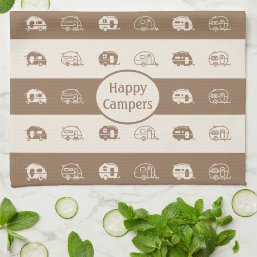 Fun Retro RV Happy Campers in Coffee en Cream Theedoek (Gevouwen)