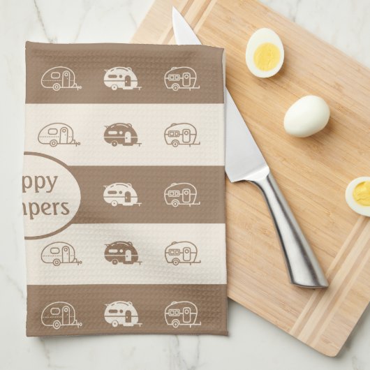 Fun Retro RV Happy Campers in Coffee en Cream Theedoek (Quarter Fold)