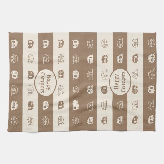 Fun Retro RV Happy Campers in Coffee en Cream Theedoek (Horizontaal)