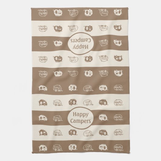 Fun Retro RV Happy Campers in Coffee en Cream Theedoek (Verticaal)