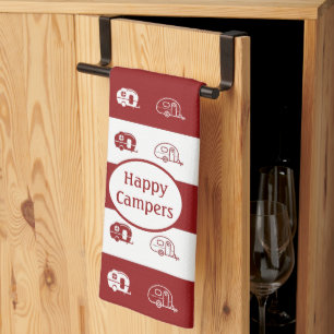 Fun Retro RV Happy Campers in Deep Red en White Theedoek
