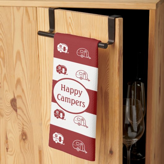 Fun Retro RV Happy Campers in Deep Red en White Theedoek (Derde Gevouwen)