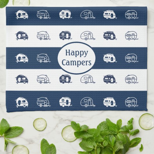 Fun Retro RV Happy Campers in Navy Blue en White Theedoek (Gevouwen)