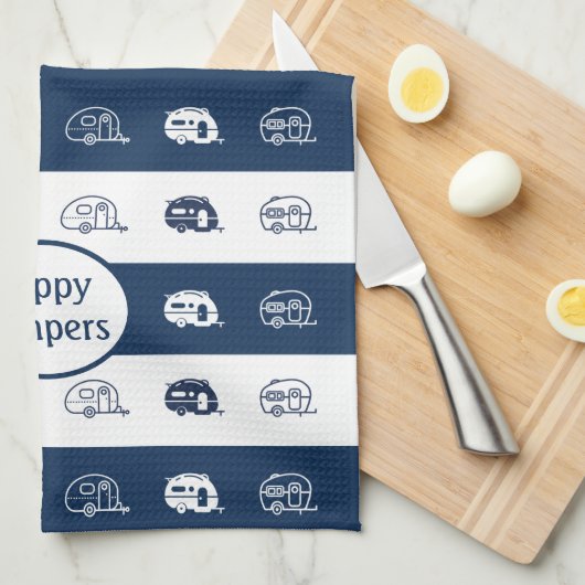 Fun Retro RV Happy Campers in Navy Blue en White Theedoek (Quarter Fold)