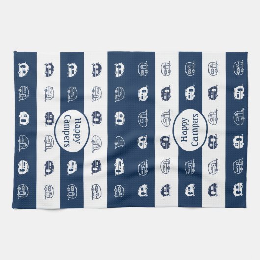 Fun Retro RV Happy Campers in Navy Blue en White Theedoek (Horizontaal)