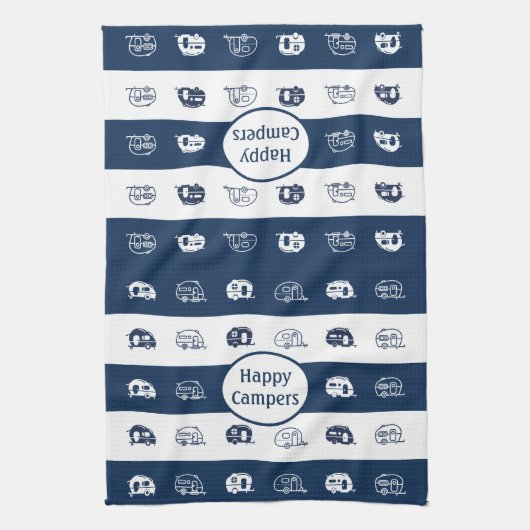 Fun Retro RV Happy Campers in Navy Blue en White Theedoek (Verticaal)