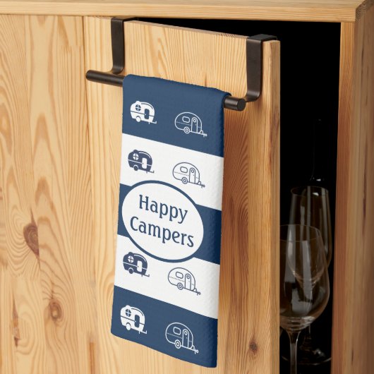 Fun Retro RV Happy Campers in Navy Blue en White Theedoek (Derde Gevouwen)