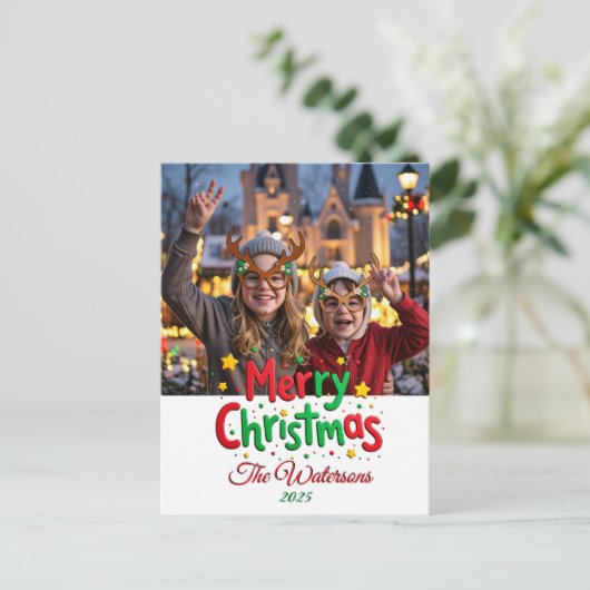 Fun Retro Script Merry Christmas Letterpress Photo Briefkaart (Staand voorkant)