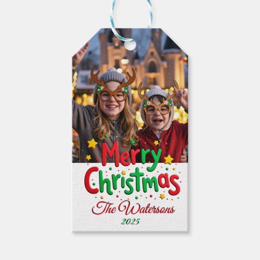 Fun Retro Script Merry Christmas Letterpress Photo Cadeaulabel (Voorkant)