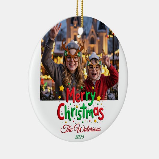 Fun Retro Script Merry Christmas Letterpress Photo Keramisch Ornament (Rechts)