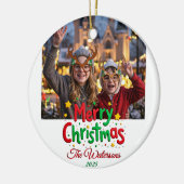 Fun Retro Script Merry Christmas Letterpress Photo Keramisch Ornament (Links)