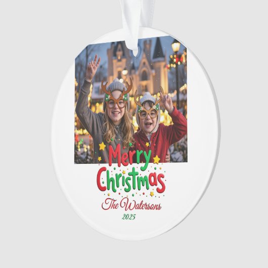 Fun Retro Script Merry Christmas Letterpress Photo Ornament (voorkant)