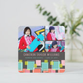 Fun Retro Squares 3 Foto Collage Graduparty Kaart (Staand voorkant)