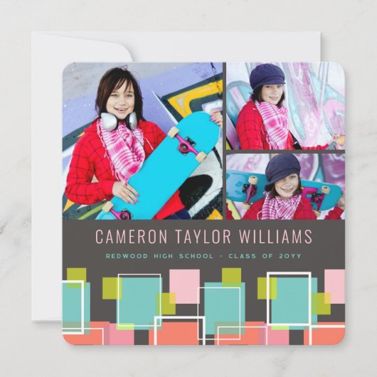 Fun Retro Squares 3 Foto Collage Graduparty Kaart (Voorkant)