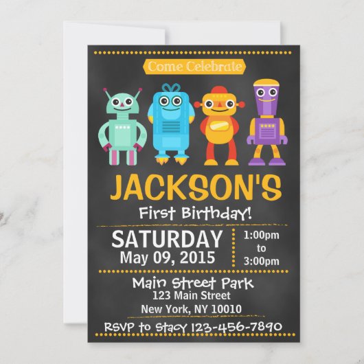 Fun Robot Chalkboard Style Invitation Kaart (Voorkant)