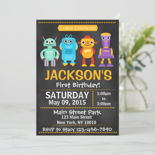 Fun Robot Chalkboard Style Invitation Kaart (Staand voorkant)