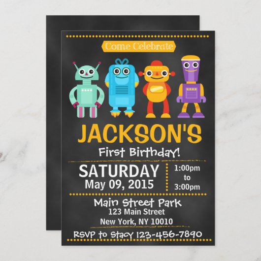 Fun Robot Chalkboard Style Invitation Kaart (Voorkant / Achterkant)
