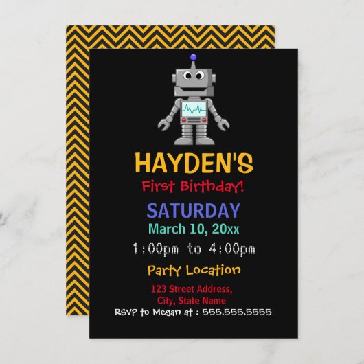 Fun Robot eerste verjaardagsfeestje uitnodiging (Voorkant / Achterkant)