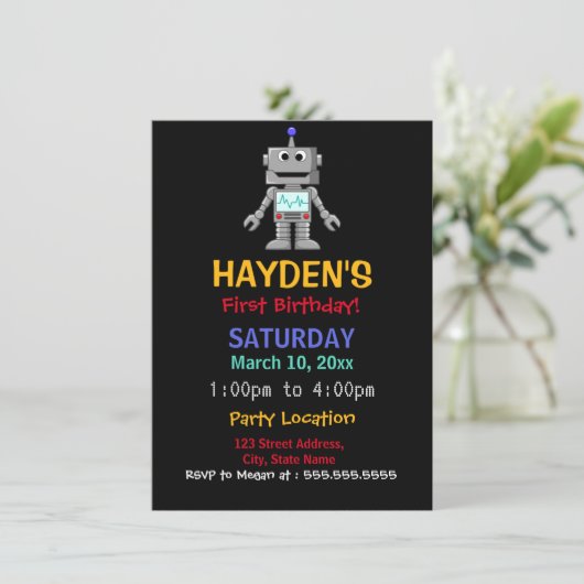 Fun Robot eerste verjaardagsfeestje uitnodiging (Staand voorkant)