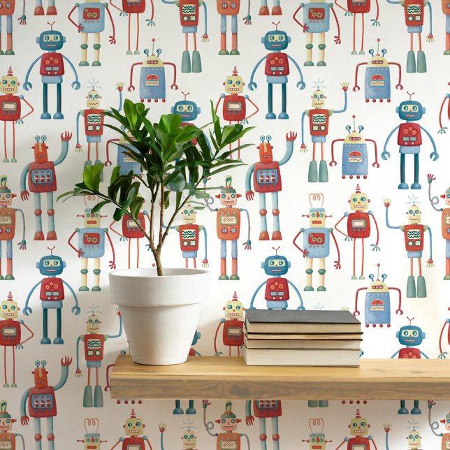 Fun Robot Pattern Behang (Fun robot pattern wallpaper for nursery and kids room decor)