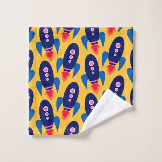 Fun Rocket Spaceship Astronaut Pattern in Yellow Bad Handdoek (Wasdoekje)