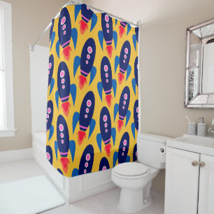 Fun Rocket Spaceship Astronaut Pattern in Yellow Douchegordijn