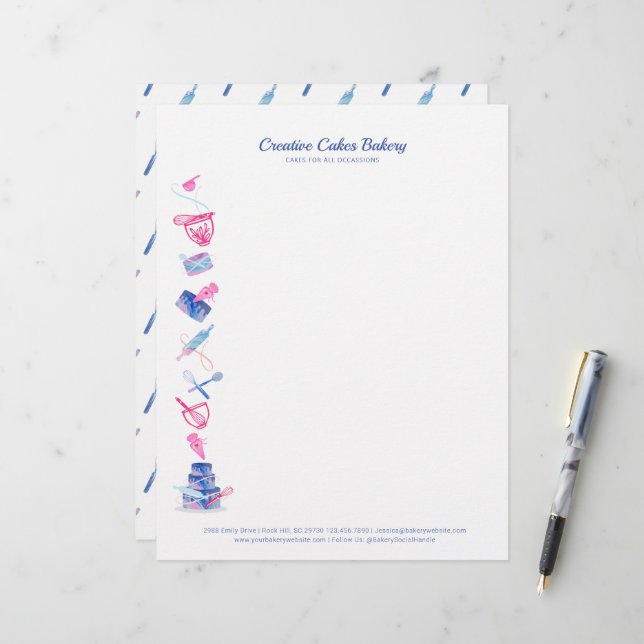 Fun Roze en Blue Bakery Cake Shop Bakketgereedscha Briefhoofd (Voorkant / Achterkant in situ)