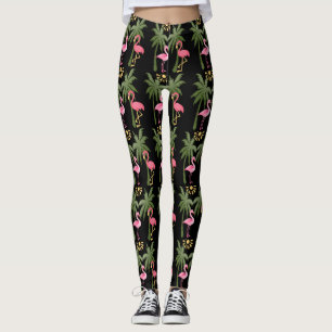 Fun! Roze flamingos en palmbomen op zwart Leggings