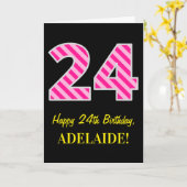 Fun roze gestreept "24"; Happy 24th Birthday; Naam Kaart (Gele Bloem)
