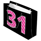 Fun roze gestreept "31"; Happy 31st Birthday; Naam Groot Cadeauzakje (Voorkant Gekanteld)