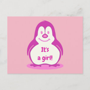 Fun roze glimlachend pinguïn Het is een meisje dat Aankondigingskaart