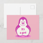Fun roze glimlachend pinguïn Het is een meisje dat Aankondigingskaart (Voorkant / Achterkant)