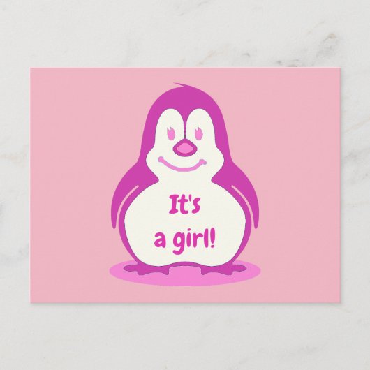 Fun roze glimlachend pinguïn Het is een meisje dat Aankondigingskaart (Voorkant)