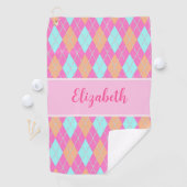 Fun Roze sinaasappel preppy argyle aangepaste naam Golfhanddoek (Insitu)