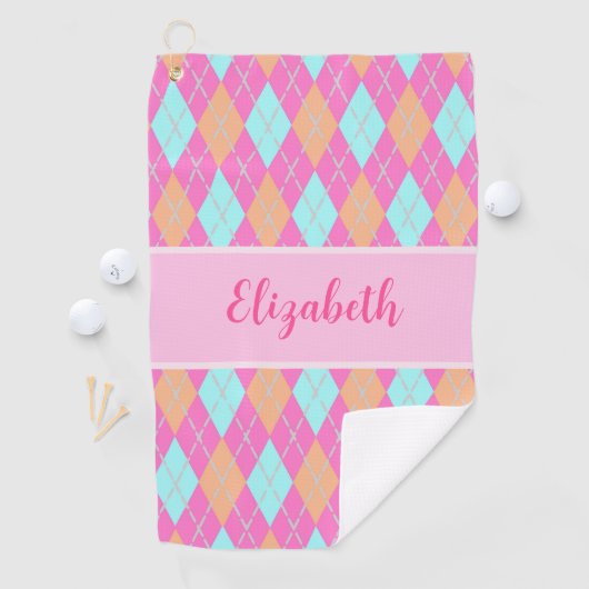 Fun Roze sinaasappel preppy argyle aangepaste naam Golfhanddoek (Insitu)