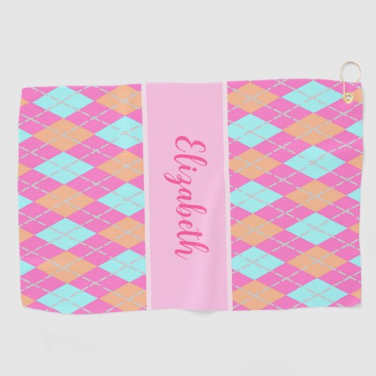 Fun Roze sinaasappel preppy argyle aangepaste naam Golfhanddoek (Horizontaal)