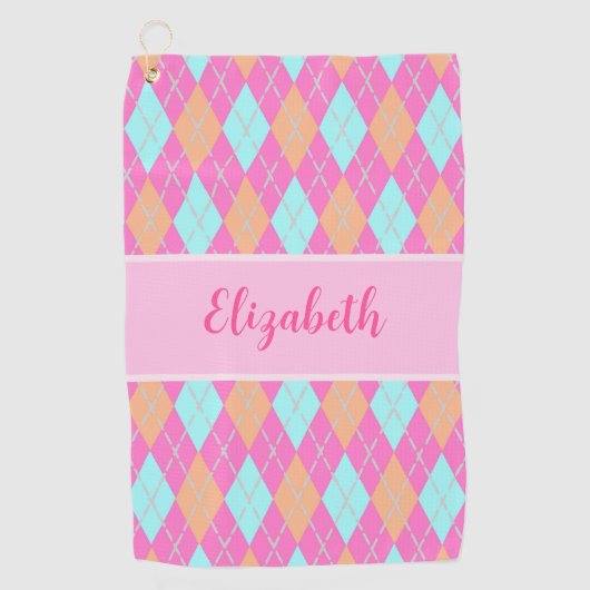 Fun Roze sinaasappel preppy argyle aangepaste naam Golfhanddoek (Voorkant)